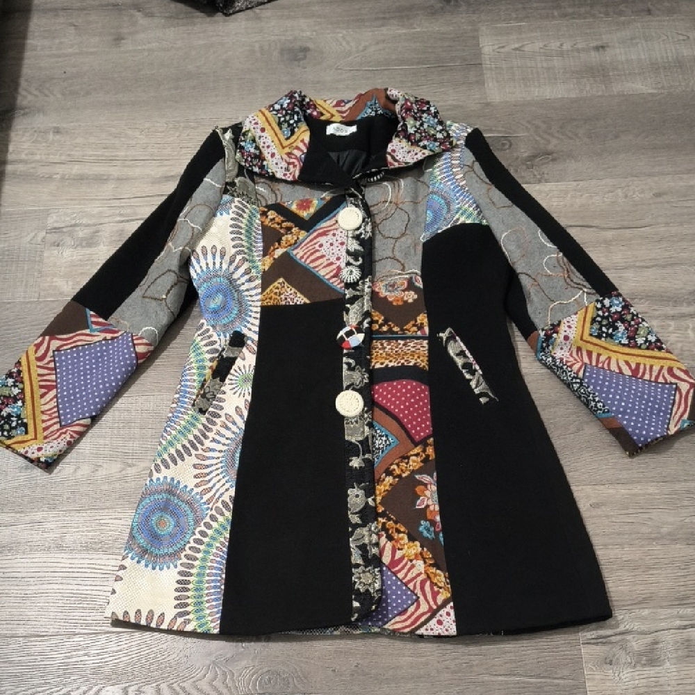 Adore Black Patchwork Pea Coat With Multicolor Pr… - image 1